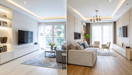 Split shot of modern living room interior bright, neutral colors, minimalist design, recessed lighting, and natural light with a view