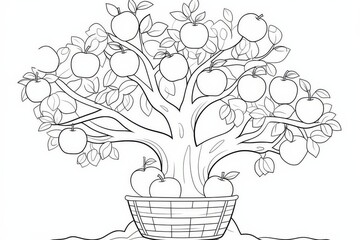 Cartoon apple tree with apples in a basket on a meadow, simple design with thick lines, perfect for kids coloring page.