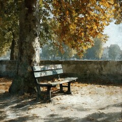 Autumnal park bench beneath a tree