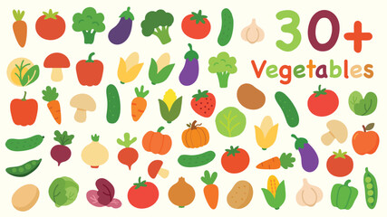 Colorful collection of thirty vegetables isolated on white background