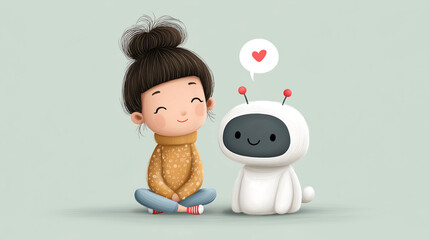 A friendly, cute 3D cartoon robot with a heart bubble and a young girl sitting cross-legged, symbolizing the affectionate and helpful role of AI in our lives.