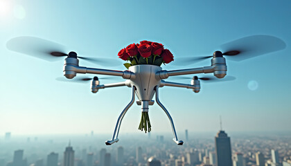 Flower delivery. Drone delivering a bouquet of red roses above a city skyline on a clear day