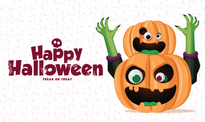 Playful Halloween vector with stacked pumpkins, goofy eyes, witch hands, and festive Happy Halloween greeting text. Great for greeting cards, invitations, posters, and autumn holiday clipart decoratio