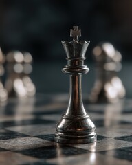 Close-up of a dark, metallic king chess piece on a marble board