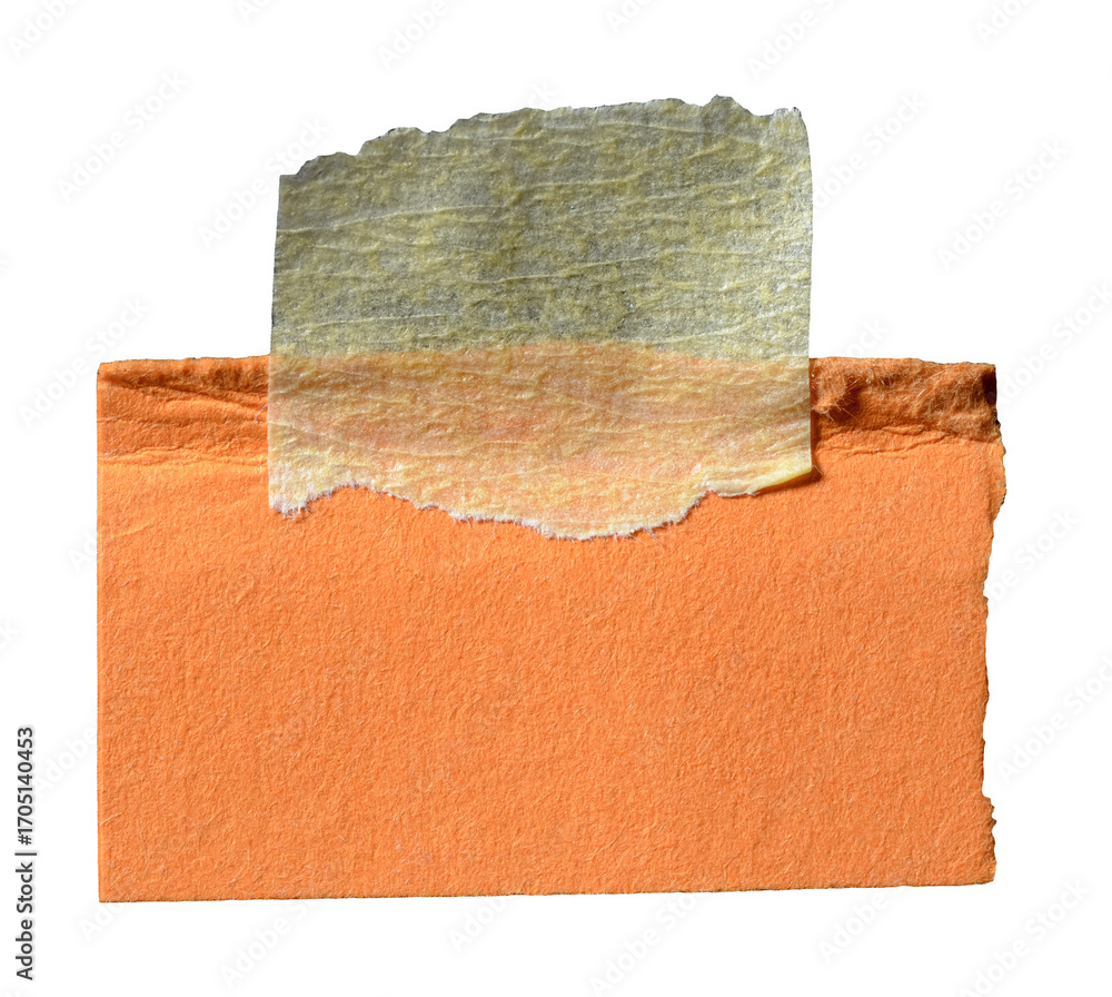 Poster isolated cut out torn piece of blank orange paper note cardboard with rough texture edges and adhesi