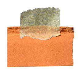 Isolated cut out torn piece of blank orange paper note cardboard with rough texture edges and adhesive sticky tape with copy space for text, transparent png background design element