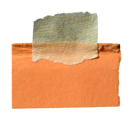 Isolated cut out torn piece of blank orange paper note cardboard with rough texture edges and adhesive sticky tape with copy space for text, transparent png background design element