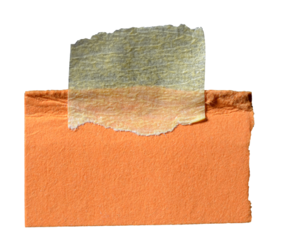 Isolated cut out torn piece of blank orange paper note cardboard with rough texture edges and adhesive sticky tape with copy space for text, transparent png background design element