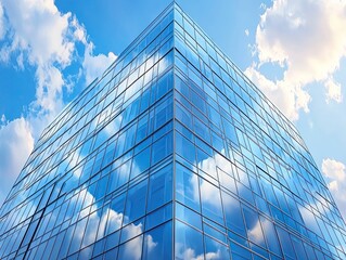 Glass skyscraper reflects blue sky with scattered white clouds, perspective from below