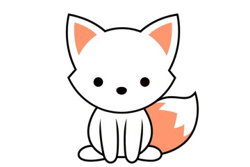 Cute fox coloring page, simple line art style, black and white flat color, clean lines, minimalistic design of a smiling baby fox in the forest.