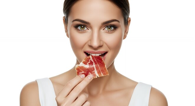 Woman with sparkling eyes about to taste Iberico Ham slice, isolated background
