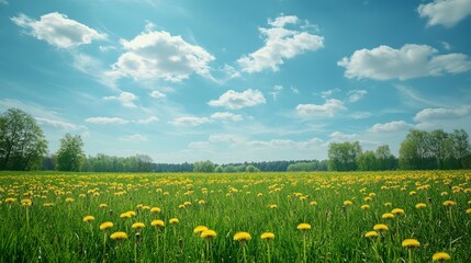73.A stunning natural landscape of a wide-open meadow, featuring fresh green grass and bright yellow dandelions, with a soft, dreamy blue sky and scattered clouds above, evoking feelings of peace and