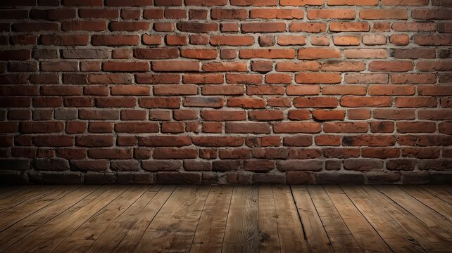 Rustic brick wall and wooden floor background with spotlight in the center - Powered by Adobe