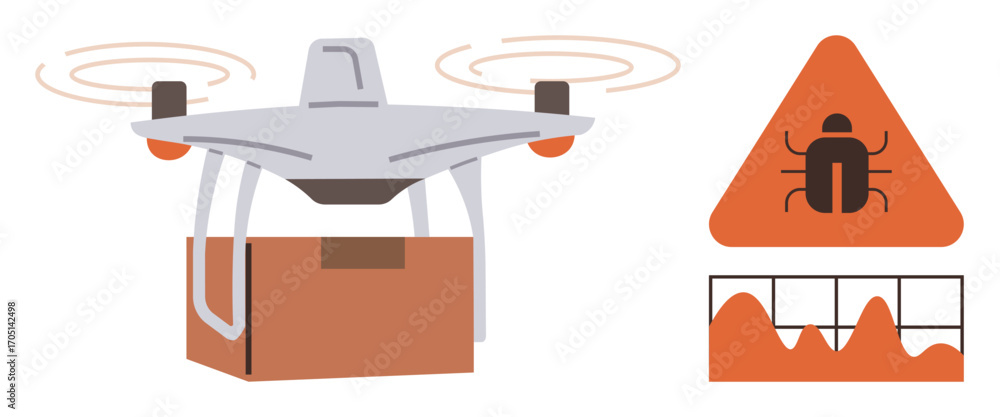 Poster delivery quadcopter carrying a package, accompanied by a warning sign with a bug icon and a digital 