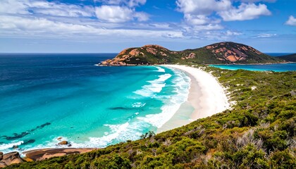 Obraz premium Pristine beach, turquoise water, dramatic coastline