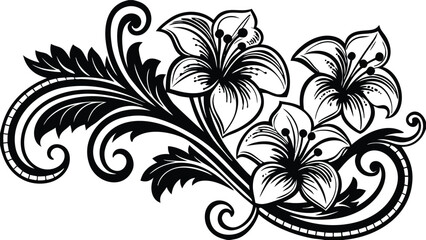 Black floral ornamental design with lilies and swirling leaves white