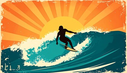Surfing the Wave - A Vintage-Style Illustration of a Surfer in Action.