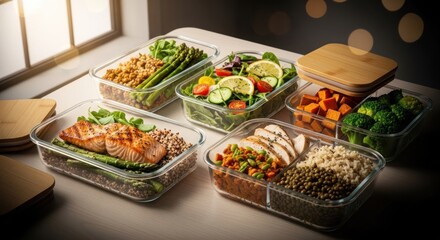 Fototapeta premium Assorted healthy meal prep in glass containers on a bright table near a window