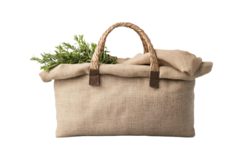 Natural jute bag with fresh herbs, ideal for eco-friendly shopping and kitchen decor.