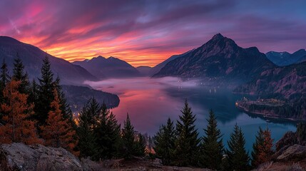 Fototapeta premium Panoramic mountain lake sunrise