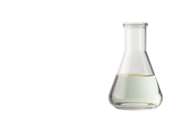 Laboratory flask with clear liquid on white isolated background.
