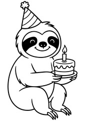 Vector sloth in party hat with cake and candle, black and white outline for engraving, laser engrave, prints and festive creative projects