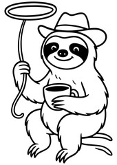 Black and white vector cowboy sloth with hat, lasso and coffee cup, perfect for engraving, laser engrave, prints and creative projects