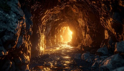 Raw stone cave walls glowing faintly with magical light veins, natural textures sharp and detailed, mystical atmosphere blending realism