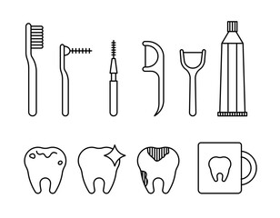 歯磨きセットのアイコン集 歯ブラシ 歯間ブラシ コップ 歯のイラスト付き © Studio MUSUBI