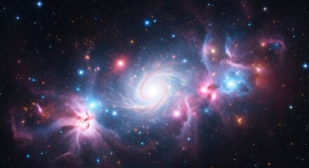 Fototapeta premium Grand spiral galaxy with blue, red, and pink nebulous regions