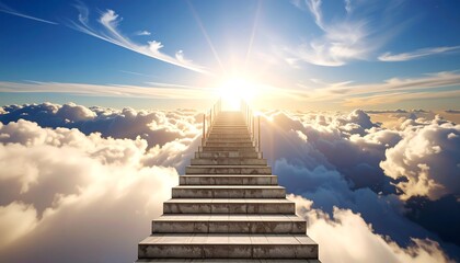 Stairway ascends through fluffy clouds towards a bright, radiant sun in the sky. Image evokes peace and aspiration