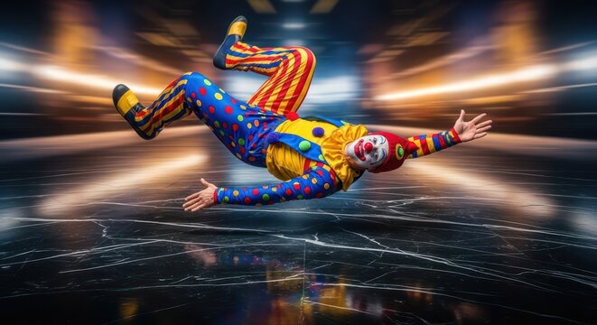 Weightless whimsical clown in mid-air tumbling against blurry cosmic background spectacle