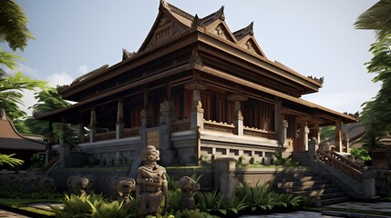 Naklejka premium Tranquil Traditional Balinese Architecture Featuring Stone Statues and Lush Tropical Greenery