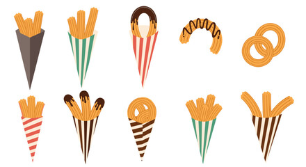 Fototapeta premium A collection of delicious fried dough treats and french fries served in various cones and baskets.
