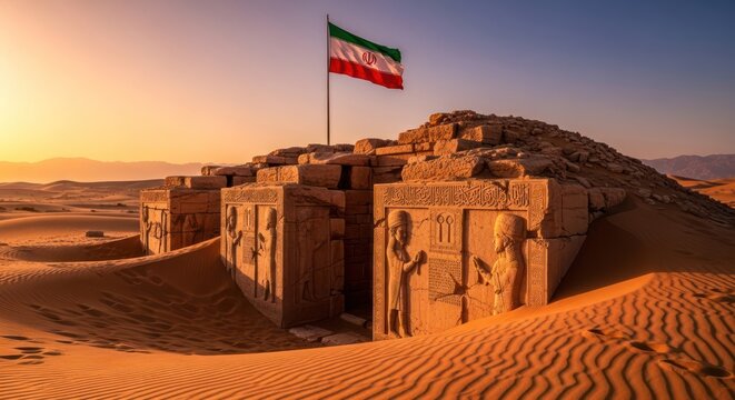 Iran's Naqsh-e Rostam necropolis, a dramatic landscape with ancient rock-cut tombs and waving flag