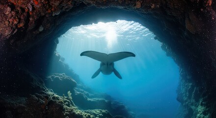 Obraz premium Graceful manta ray swims towards the sunlight in a vibrant underwater cave environment