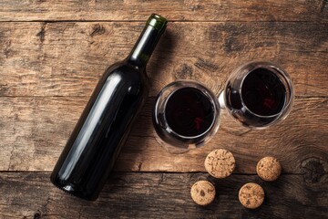 Red wine bottle two filled glasses and four corks are arranged on a rustic wooden surface