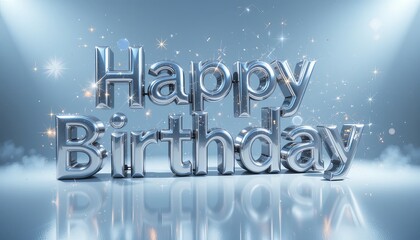 Fototapeta premium Shiny silver happy birthday text with sparkles on a reflective surface and light background