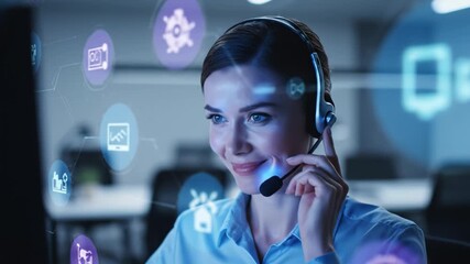 Smiling Customer Service Representative Wearing Headset in Modern Office Surrounded by Digital Icons Representing Communication, Technology, and Support Services - Powered by Adobe