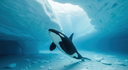 Obraz premium Orca gracefully navigating through icy waters illuminated by ethereal sunlight