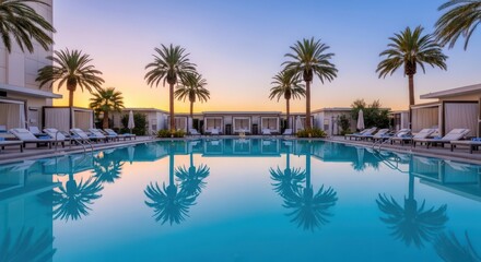 Obraz premium Serene poolside oasis at twilight with palm tree reflections creating a tropical paradise escape