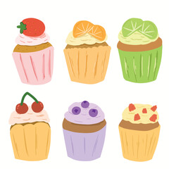 Clipart Sweet Fruit Cupcakes. Strawberry, Orange, Kiwi , Cherry, Blueberry, Raspberry Cupcakes. Various dessert for menu dan decoration. 