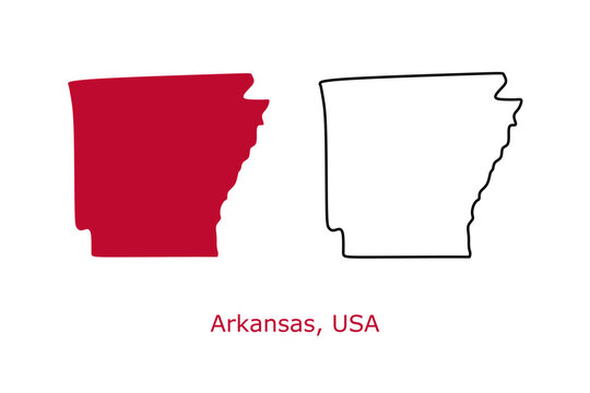 Arkansas map set. Arkansas USA map vector. Arkansas red and outline map on white background