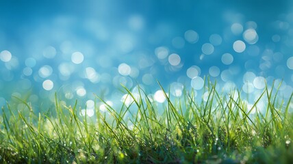 Abstract natural green grass field with blue sky and soft glowing bokeh light effect, bright summer spring season nature landscape background for modern digital wallpaper design