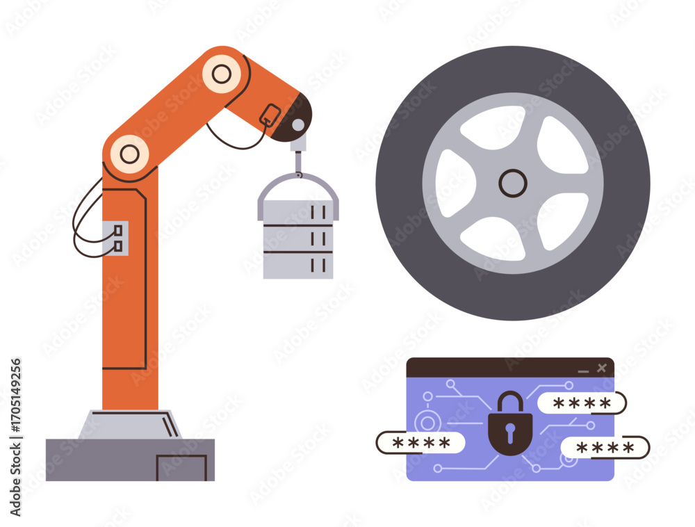 Aufkleber robotic arm carrying an object, car wheel, cybersecurity padlock with password inputs. ideal for tec