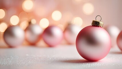 Fototapeta premium Christmas ornaments in soft pink and silver with a bokeh background for the holidays