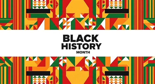 Colorful geometric shapes with African inspired patterns frame black bold text announcing Black History Month