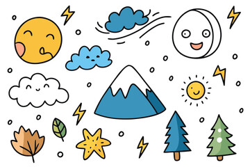A whimsical seamless winter pattern with cartoon trees, snow, and stars