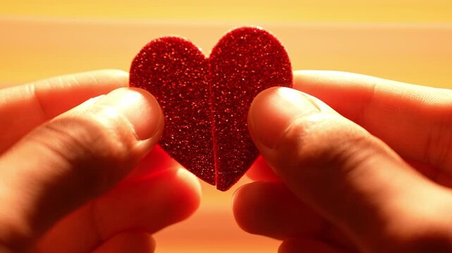 Two hands gently bring together the two halves of a red heart under warm sunlight, representing reconciliation, forgiveness, healing, hope, and the power of renewed connection after separation.
