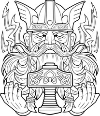 Scandinavian god of thunder Thor, monochrome illustration